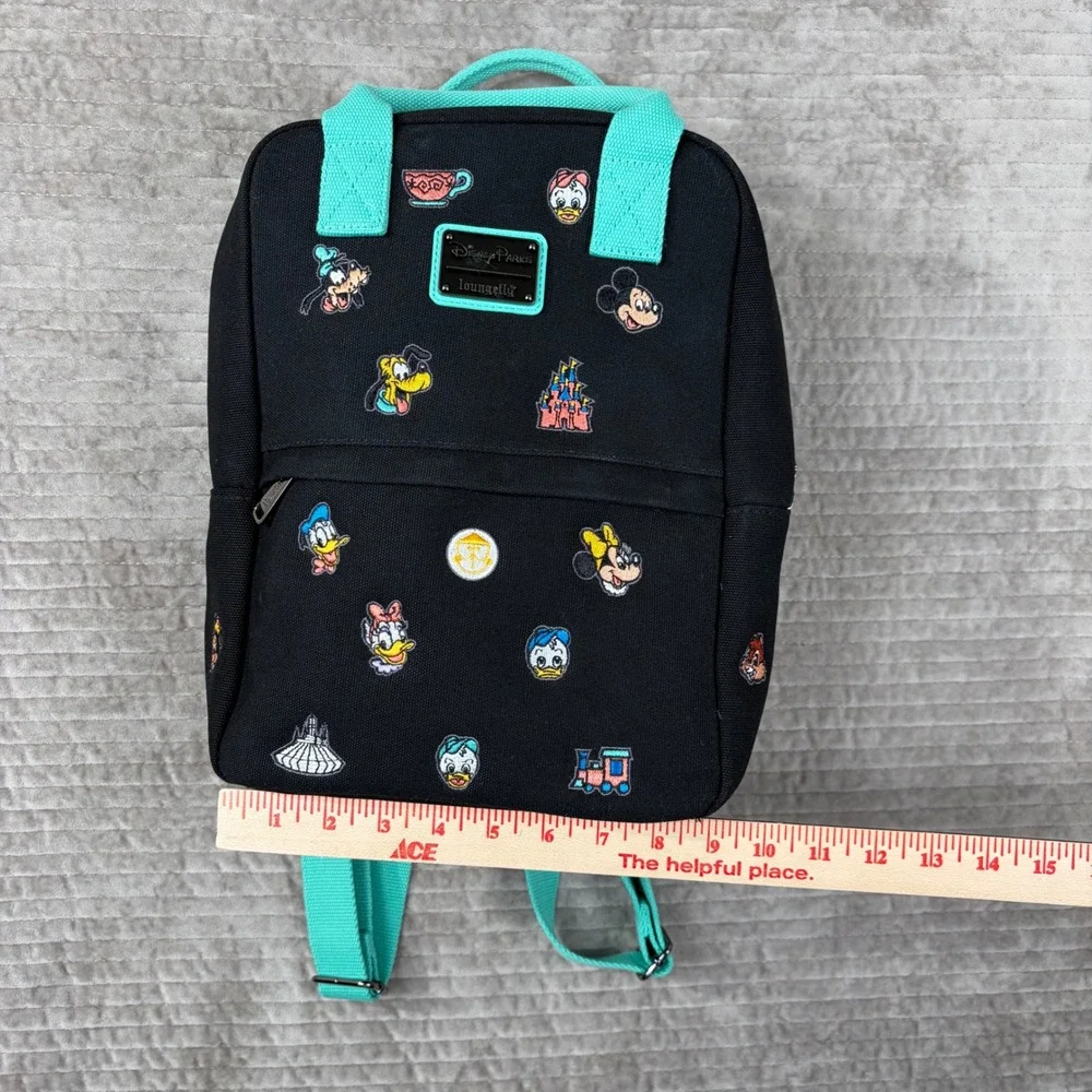 Disney‎ Parks Loungefly Mini Backpack Embroidered Character Icons Black Teal